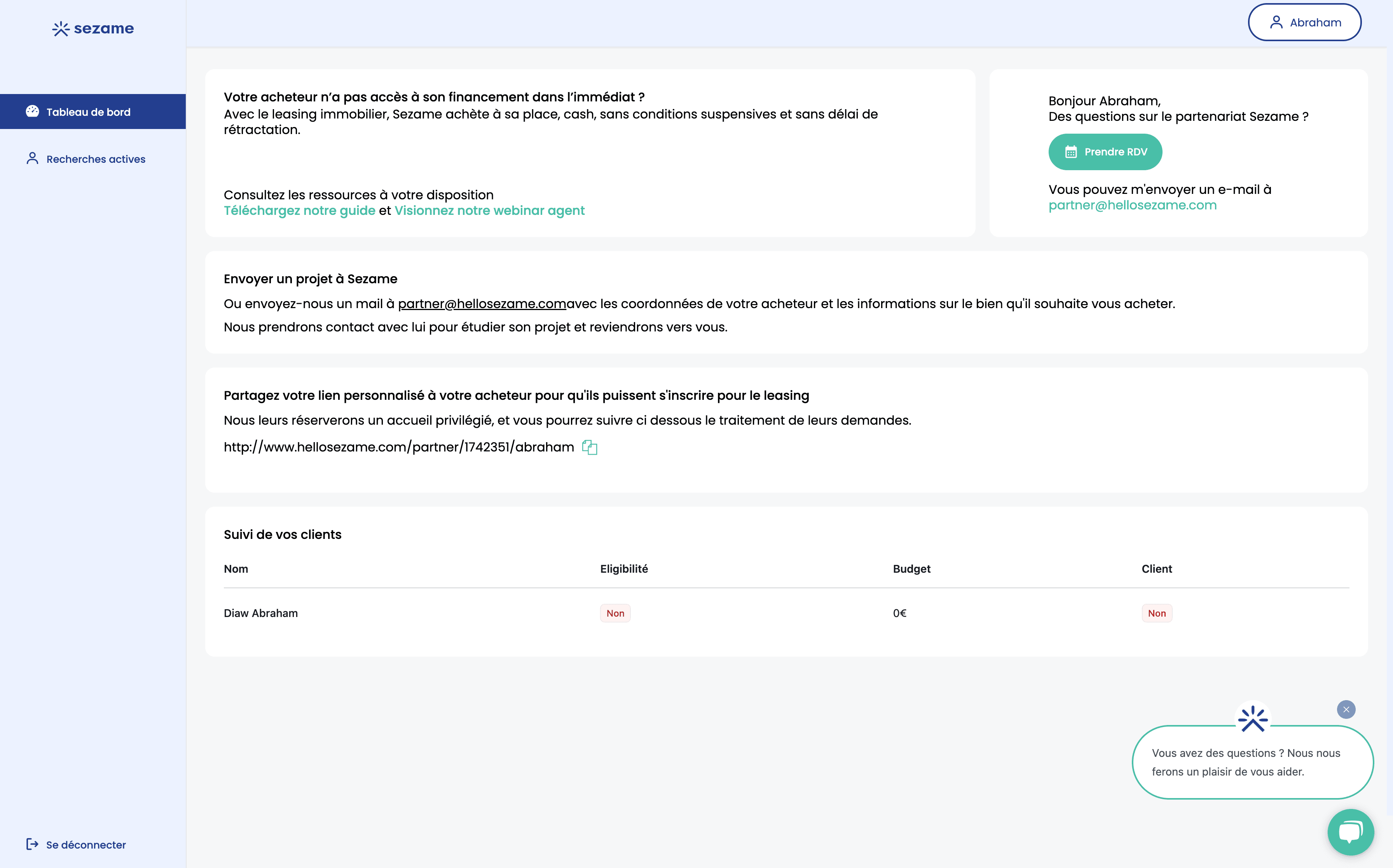 Sezame - Dashboard Partenaire